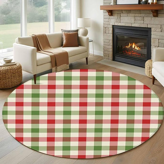 Washable Round Area Rug Vintage Pastoral Red Green Buffalo Gingham Circle Rugs Floor Carpet for Living Room Bedroom, Christmas Plaid Soft Non Slip Round Rug 5ft