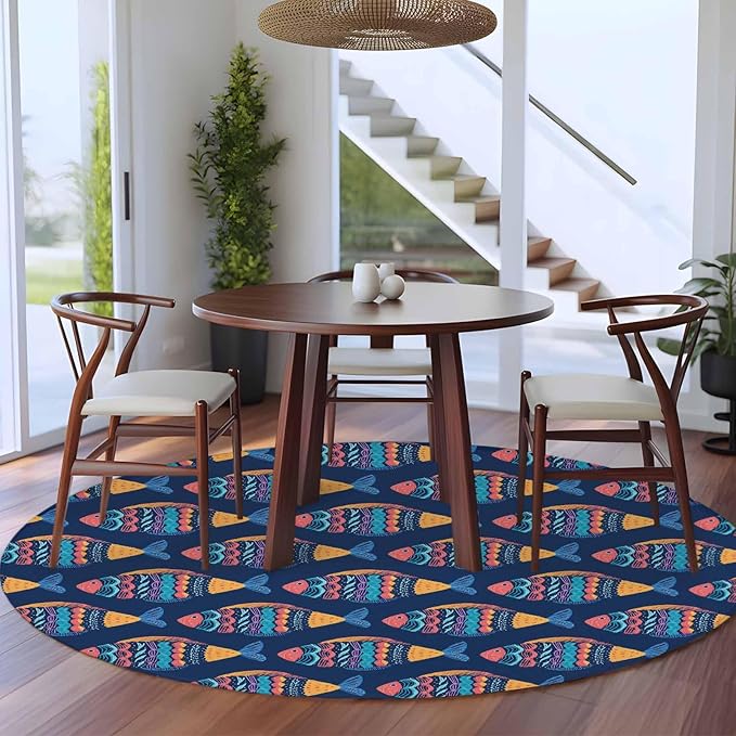 Washable Round Area Rug Ethnic Style Ocean Fish Circle Rugs Floor Carpet for Living Room Bedroom, Watercolor Marine Life on Navy Blue Soft Non Slip Round Rug 5ft