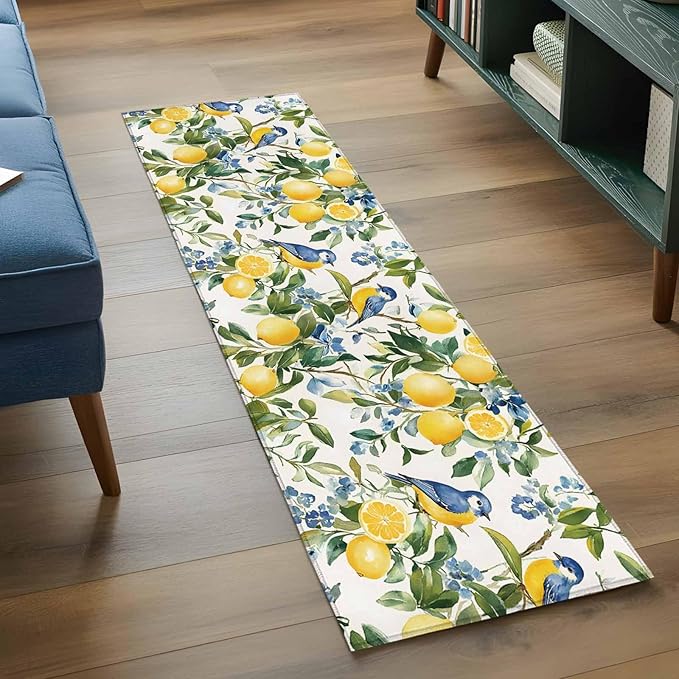 Runner Rug for Bedroom Hallway, Pastoral Vintage Lemon Blue Bird Kitchen Runner Rugs Area Rug 2x6ft, Retro Yellow Fruit Flowers Washable Soft Floor Carpet for Entryway Stair