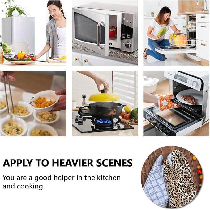Oven Mitts Leopard Heat Resistant Wear-resistant Easy Clean Grill Gloves with Thick Cotton Liner for Grilling Cooking Baking 2PCS
