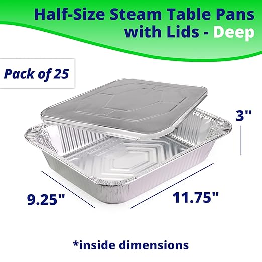 IDL Packaging Half-Size Aluminum Steam Table Pans with Lids - Deep, 13" x 11" x 3" (Pack of 25) - Disposable Foil Pan for Grilling, Roasting, BBQ, Cooking, Baking, Freezing
