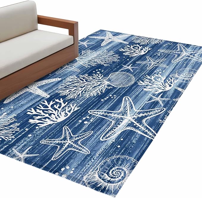 Navy Blue Coastal 4x6 Area Rugs, Ocean Coral Starfish Non-Skid Rubber Backing Large Rectangle Rugs - Living Room Bedroom Home Office, Summer Beach Indoor Floor Mat Carpets Washable Rug