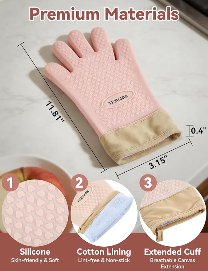 Silicone Oven Mitts with Five-Finger Design, Extended Cuff & Soft Cotton Lining – Heat Resistant, Waterproof, Non-Slip Oven Gloves for Baking, Cooking, Grilling, Safe Grip on Hot Cookware - Pink