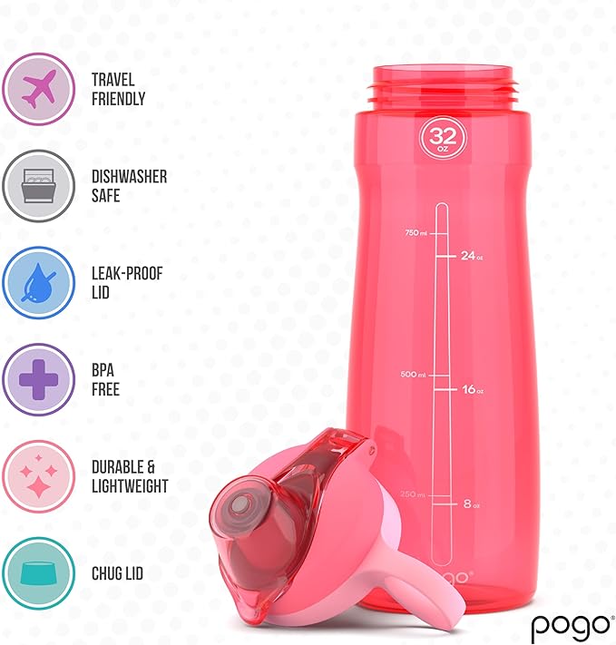 Pogo Plastic Water Bottle with Chug Lid and Carry Handle, Reusable, BPA Free, Dishwasher Safe, Perfect for Travel, School, Outdoors, and Gym | 18oz, 32oz, 40oz, 64oz