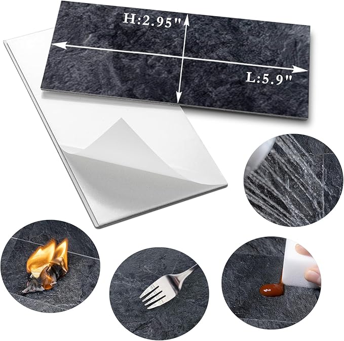AULIGET 3" x 6" Peel and Stick Backsplash Wall Tiles, PVC Faux Stone Stick on Tiles for Backsplash Kitchen (4, Black Slate)