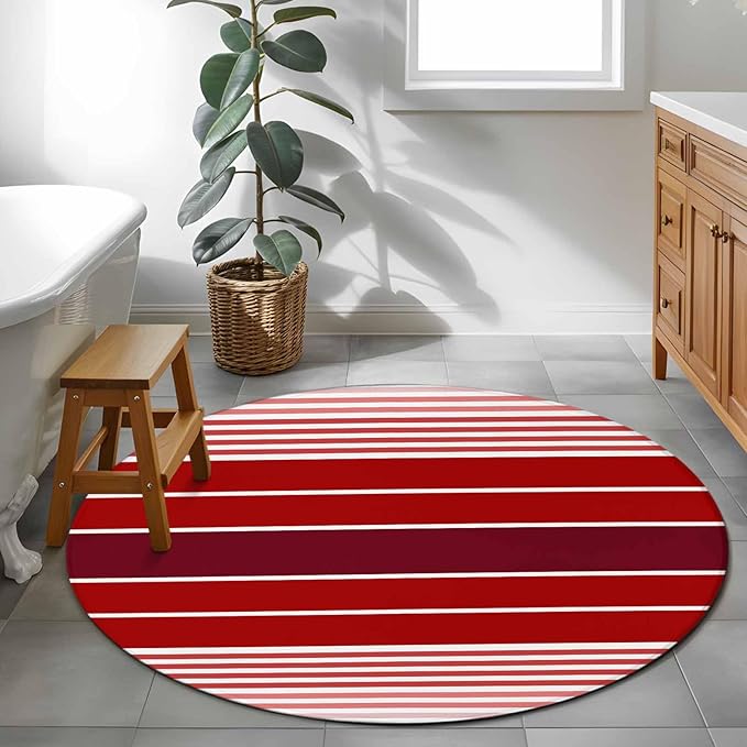 Washable Round Area Rug Abstract Gradient Red White Stripes Circle Rugs Floor Carpet for Living Room Bedroom, Ombre Modern Art Soft Non Slip Round Rug 3ft