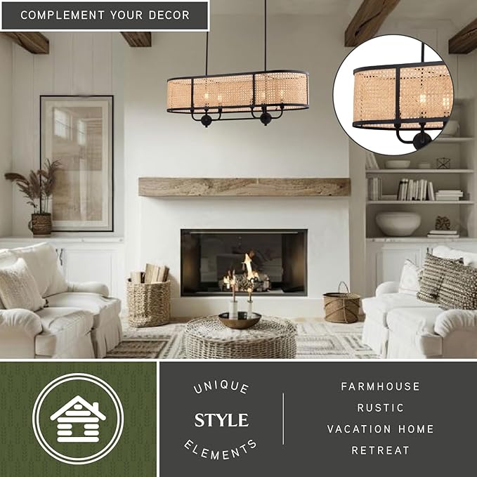 VAXCEL Berens 6L Linear Chandelier Island Pendant Fixture with Rattan Shade, Farmhouse Style Mounted Ceiling Lighting, Matte Black Finish