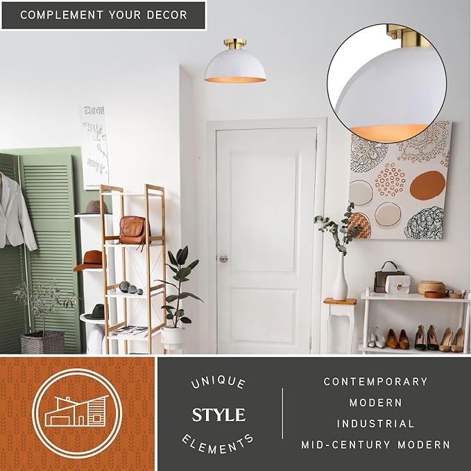 VAXCEL Devon 12.75-in W LED Compatible Glossy White and Gold Satin Brass Mid-Century Modern Semi Flush Mount Ceiling Light