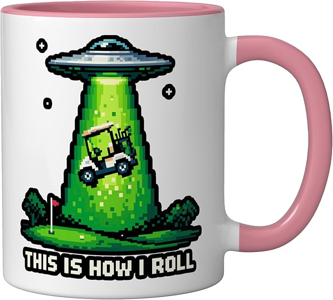 This Is How I Roll Golf UFO Abduction Funny Pixel Art Ceramic Mug, Pink/White