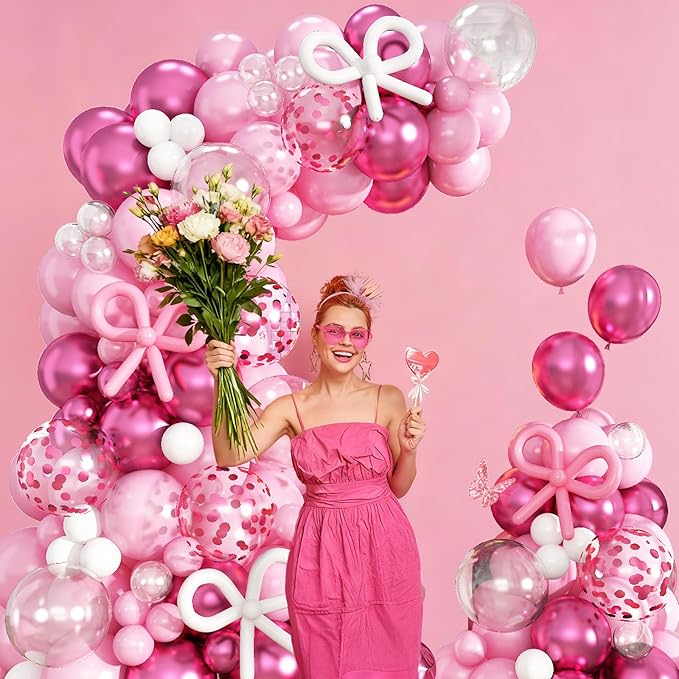 Pink Balloon Garland Arch Kit, 103 PCS Metallic Hot Light Baby Pink and Clear Balloon Bow Balloons for Girls Birthday Princess Baby Shower Wedding Party Decorations