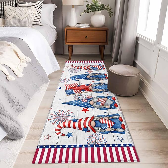 Runner Rug for Bedroom Hallway, Independence Day USA Flag Star Dwarf Kitchen Runner Rugs Area Rug 2x6ft, Stripes on Wood Grain Washable Soft Floor Carpet for Entryway Stair