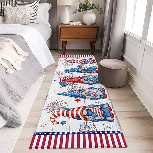Runner Rug for Bedroom Hallway, Independence Day USA Flag Star Dwarf Kitchen Runner Rugs Area Rug 2x6ft, Stripes on Wood Grain Washable Soft Floor Carpet for Entryway Stair