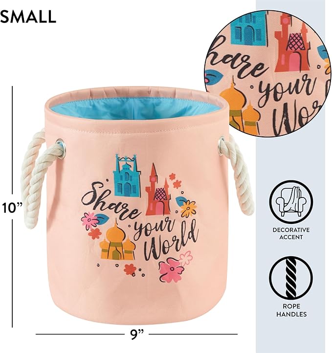 Disney Princess 3 Piece Fabric Storage Basket Set, Nestable Toy Storage Bins with Rope Handles, Kids Bedroom & Nursery Organizer