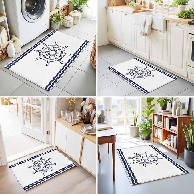 Area Rug 2x3ft, Summer Marine Nautical Ship Rudder Washable Rugs for Living Room Bedroom, Ocean Theme Navy Blue White Soft Non-Slip Area Rugs Rectangle Floor Carpet for Dining Room