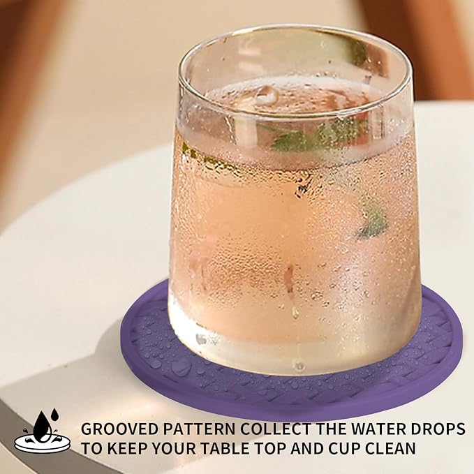 Purple Silicone Coasters with Holder, 4 Inch Non-Slip Decorative Drink Coasters, Heat-Resistant & Waterproof Round Cup Mats Set of 6 for Home, Office, Kitchen, Bar & Table - Housewarming Gift