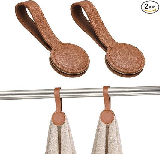 uxcell 2 Pcs Kitchen Magnetic Towel Clips, Leather Towel Holder Clip Multi-Purpose Hand Hooks Kitchen Accessories for Oven Handles Bars Racks, Brown