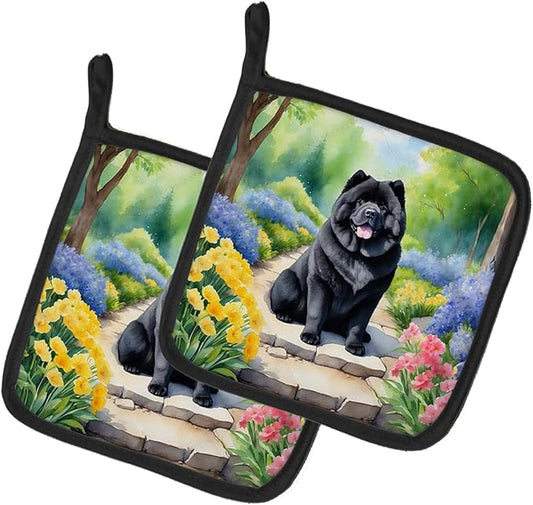 Caroline's Treasures Chow Chow Spring Path Pair of Pot Holders Kitchen Heat Resistant Pot Holders Sets Oven Hot Pads for Cooking Baking BBQ, 7 1/2 x 7 1/2