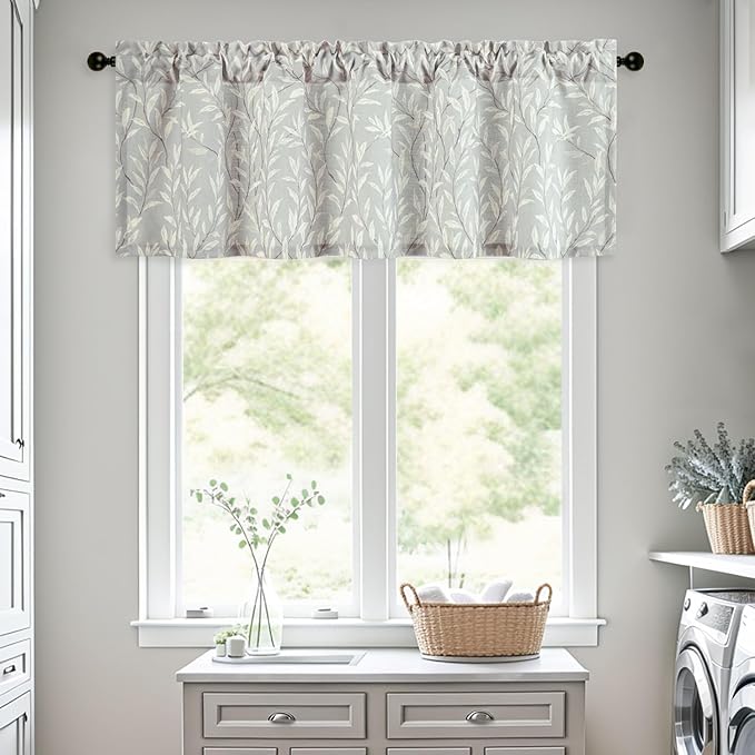 Leeva Grey Valances for Windows, Linen Textured Light Filtering Small Window Kitchen Curtain, Leaves Printing Rod Pocket Cafe Valance for Bedroom Living Room, 60" W x 18" L, 1 Piece