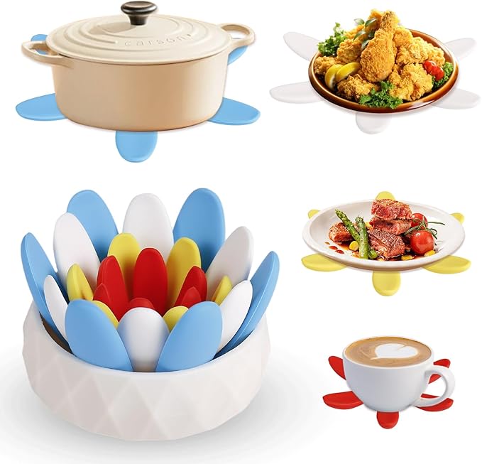 Silicone Succulent Cup Coasters Set of 4, Colorful Trivet Mats, Hot Pads for Pots Pans, Foldable Heat Resistant Coasters with Holder, Multipurpose Kitchen Table Protection (Red Blue White Yellow)