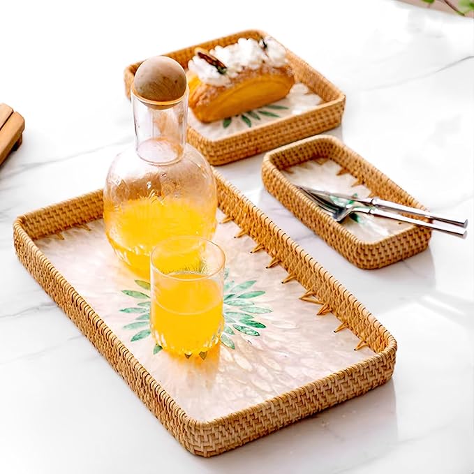i-lan Set of 3 15" Rectangular Rattan and Mother of Pearl Serving Tray, Green Leaf Pattern Decorative,Boho Rectangule Natural Rattan Woven Trays for Entryway Kitchen Bathroom Counter