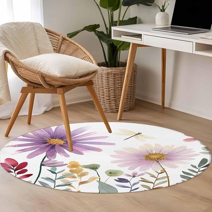 Washable Round Area Rug Country Field Purple Flowers Circle Rugs Floor Carpet for Living Room Bedroom, Farm Floral Art Soft Non Slip Round Rug 3ft