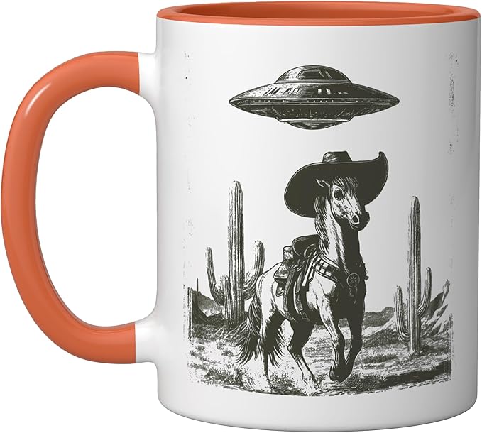 Funny Alien UFO Cowboy Horse Desert Cactus Western Graphic Ceramic Mug, Orange/White