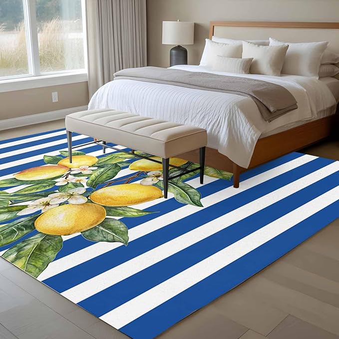 Area Rug 6x9ft, Summer Lemon Green Leaves Watercolor Washable Rugs for Living Room Bedroom, Blue Stripe Soft Non-Slip Area Rugs Rectangle Floor Carpet for Dining Room