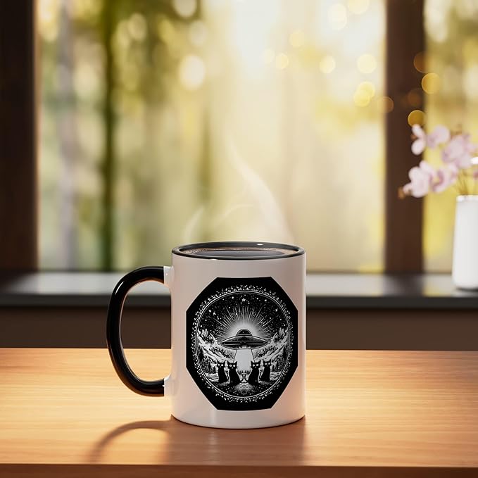 Retro UFO Cats Vintage Sci Fi Space Stary Sky Design Ceramic Mug, Black/White