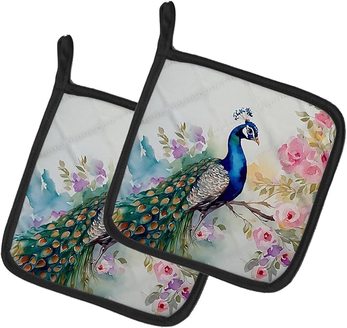 Caroline's Treasures Peacock Pair of Pot Holders Kitchen Heat Resistant Pot Holders Sets Oven Hot Pads for Cooking Baking BBQ, 7 1/2 x 7 1/2