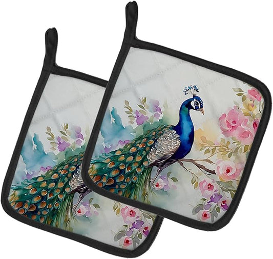 Caroline's Treasures Peacock Pair of Pot Holders Kitchen Heat Resistant Pot Holders Sets Oven Hot Pads for Cooking Baking BBQ, 7 1/2 x 7 1/2