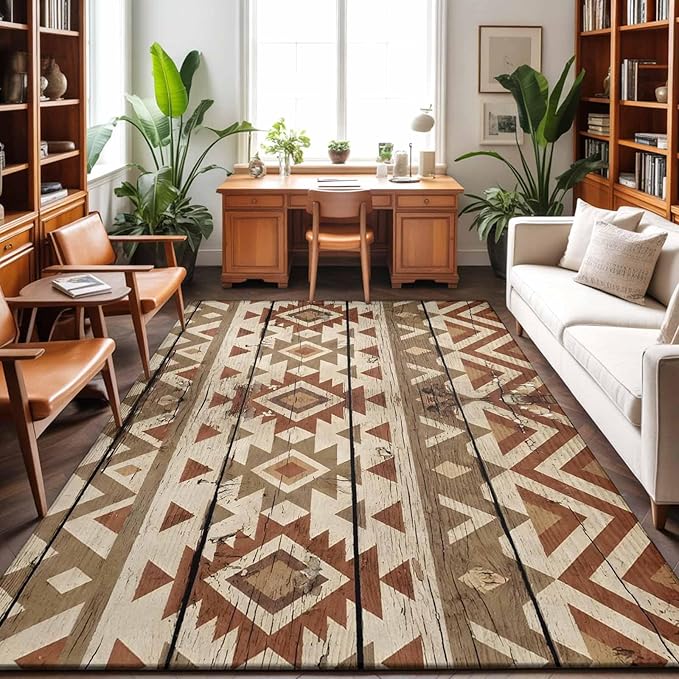 Area Rug 9x12ft, Rustic Aztec Style Pattern Washable Rugs for Living Room Bedroom Rectangle Floor Carpet, Southwestern Geometric Art Soft Non-Slip Area Rugs for Dining Room