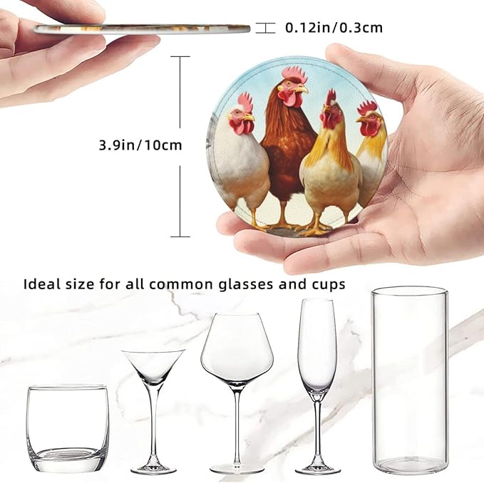 Famame 6 Pcs Chicken Roosters Farm Animals Leather Coasters for Drinks with Holder Coaster Sets Drink Table Cup Coasters for Living Room Kitchen Coffee Decor
