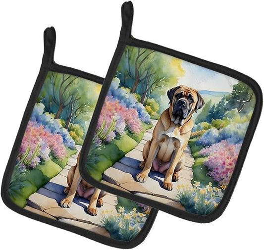Caroline's Treasures Mastiff Spring Path Pair of Pot Holders Kitchen Heat Resistant Pot Holders Sets Oven Hot Pads for Cooking Baking BBQ, 7 1/2 x 7 1/2