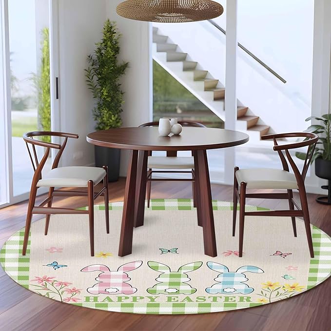 Washable Round Area Rug Happy Easter Bunny Shadow Flowers Circle Rugs Floor Carpet for Living Room Bedroom, Retro Linen Cotton and Grid Soft Non Slip Round Rug 5ft