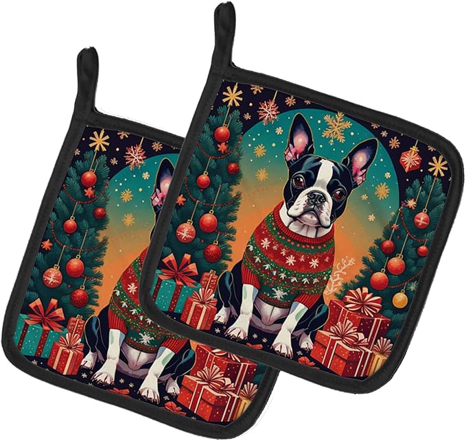Caroline's Treasures Boston Terrier Christmas Pair of Pot Holders Kitchen Heat Resistant Pot Holders Sets Oven Hot Pads for Cooking Baking BBQ, 7 1/2 x 7 1/2