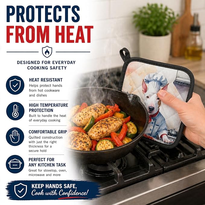 Caroline's Treasures Bull Terrier The Chef Pair of Pot Holders Kitchen Heat Resistant Pot Holders Sets Oven Hot Pads for Cooking Baking BBQ, 7 1/2 x 7 1/2