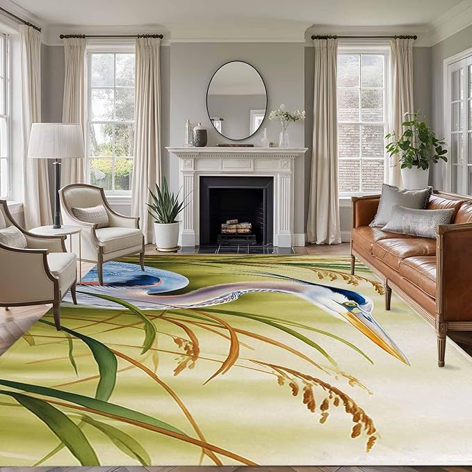 Area Rug 8x10ft, Natural Bird Wetland Landscape Washable Rugs for Living Room Bedroom, Wild Heron Grass Soft Non-Slip Area Rugs Rectangle Floor Carpet for Dining Room
