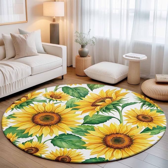 Washable Round Area Rug Summer Garden Sunflower Leaves Circle Rugs Floor Carpet for Living Room Bedroom, Farm Blossom Floral Soft Non Slip Round Rug 5ft