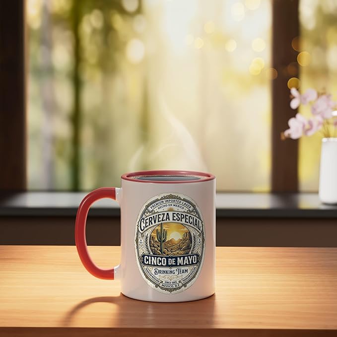 Cinco De Mayo Drinking Team Cerveza Beer Label Ceramic Mug, Red/White