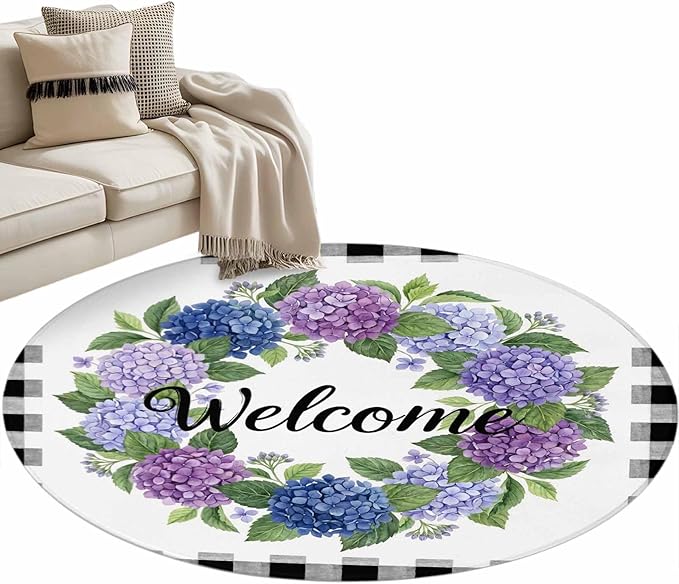 Washable Round Area Rug Summer Hydrangea Leaf Circle Rugs Floor Carpet for Living Room Bedroom, Purple Blue Flower Buffalo Check Soft Non Slip Round Rug 4ft