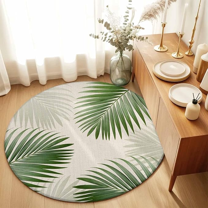 Washable Round Area Rug Rustic Sage Green Palm Leaves on Linen Circle Rugs Floor Carpet for Living Room Bedroom, Summer Plants Soft Non Slip Round Rug 3ft