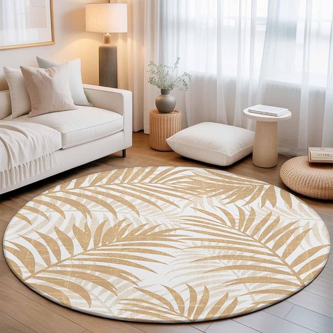 Washable Round Area Rug Summer Boho Palms Leaves Circle Rugs Floor Carpet for Living Room Bedroom, Vintage Tropical Plants Soft Non Slip Round Rug 5ft