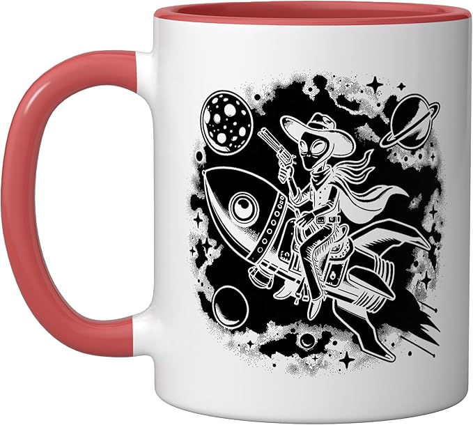 Alien Lover Flying Saucer UFO Extraterrestrial Cowboy Ceramic Mug, Red/White
