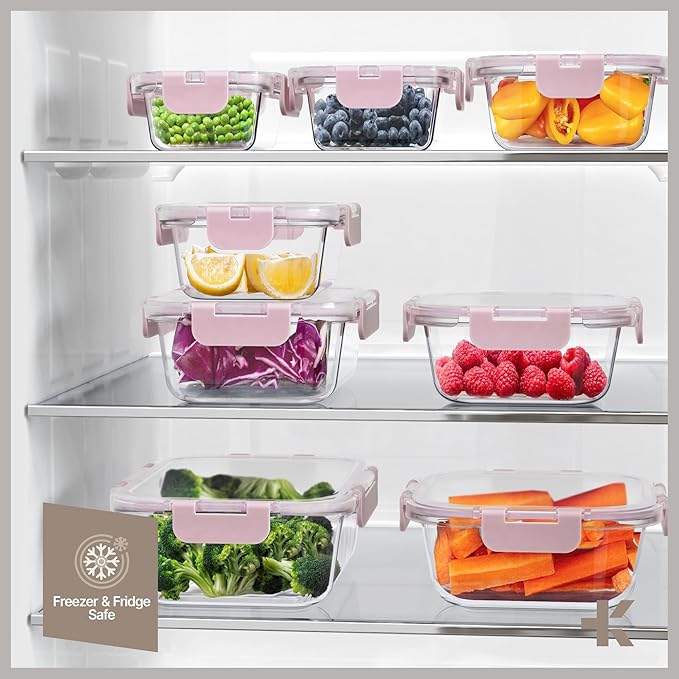 Bakken Borosilicate Glass Food Storage Containers with Lids 16 Pieces, BPA-Free Stackable Lunch & Leftover Containers, Microwave, Freezer & Dishwasher Safe, 100% Airtight Leak-Proof, Pink
