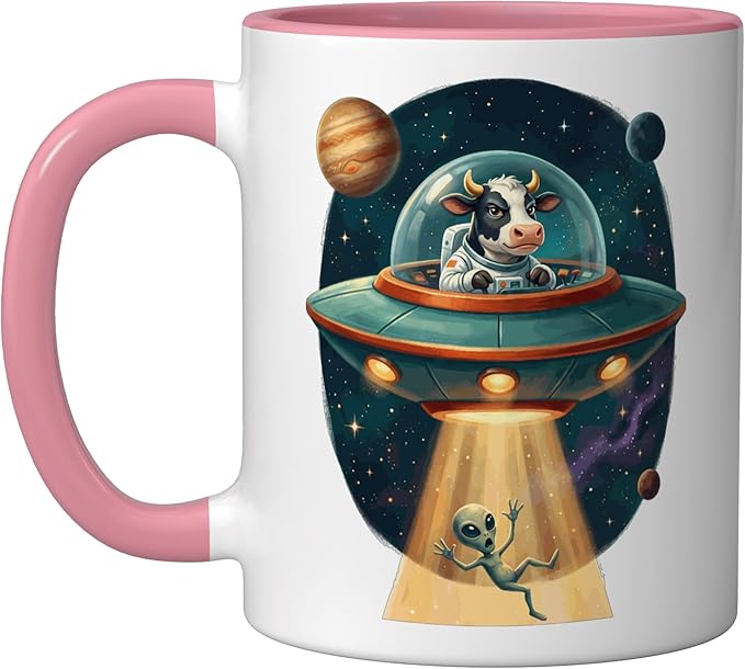 Funny Cow Astronaut UFO Abducting Alien Space Graphic Ceramic Mug, Pink/White