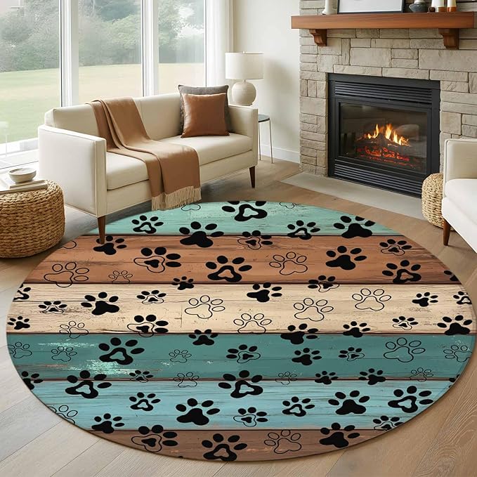 Washable Round Area Rug Farm Brown Wood Board Circle Rugs Floor Carpet for Living Room Bedroom, Dog Paw Print Animal Footprint Soft Non Slip Round Rug 5ft