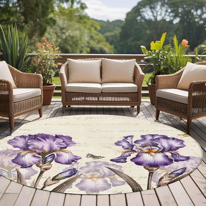 Washable Round Area Rug Pastoral Purple Flower Watercolor Circle Rugs Floor Carpet for Living Room Bedroom, Country Botanical Butterflies Soft Non Slip Round Rug 5ft