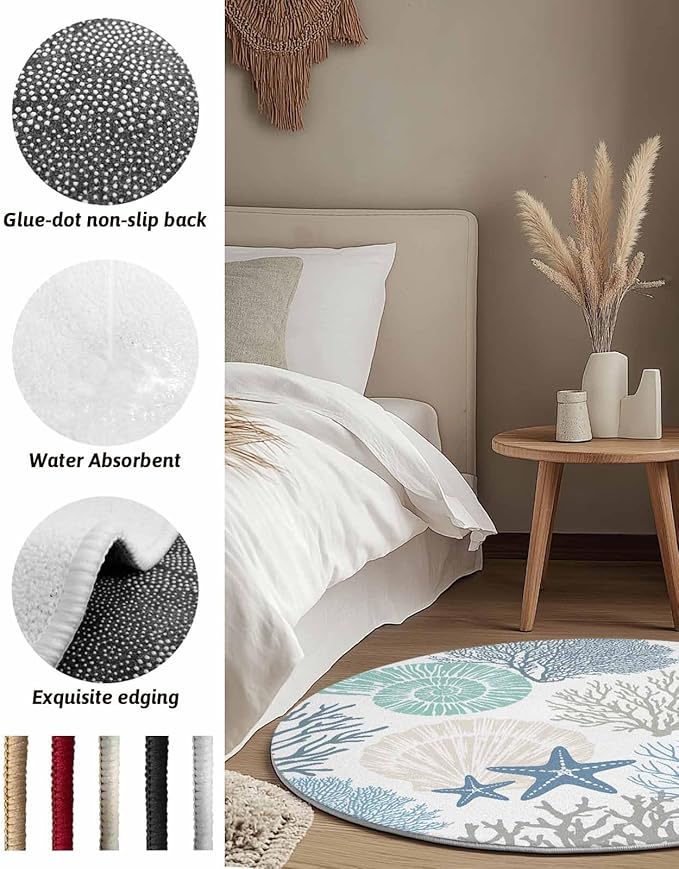 Round Area Rug,Blue Ocean Shells Coral Circle Living Room Rug Non-Slip Rugs Indoor Carpet,Conch Starfish Marine Life Soft Comfort Rugs for Bedroom Kids Room
