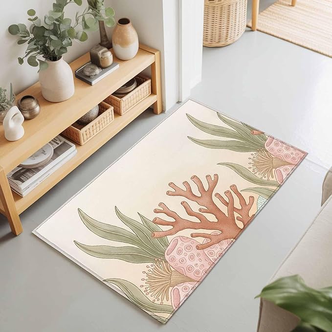 Area Rug 2x3ft, Ocean Coral Seaweed Shell Reef Washable Rugs for Living Room Bedroom, Watercolor Marine Theme Soft Non-Slip Area Rugs Rectangle Floor Carpet for Dining Room