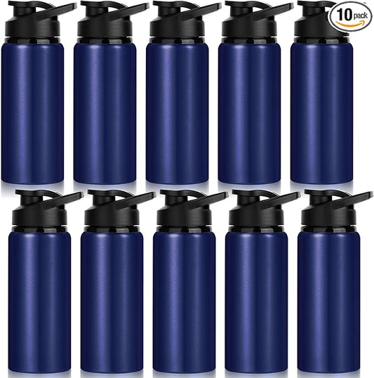 10 Pack Water Bottles Bulk, 20oz Sports Aluminum Water Bottle with Snap Lids Metal Reusable Leak proof Personalized Bottle for Travel Camping Gym Hiking Fishing (Navy)